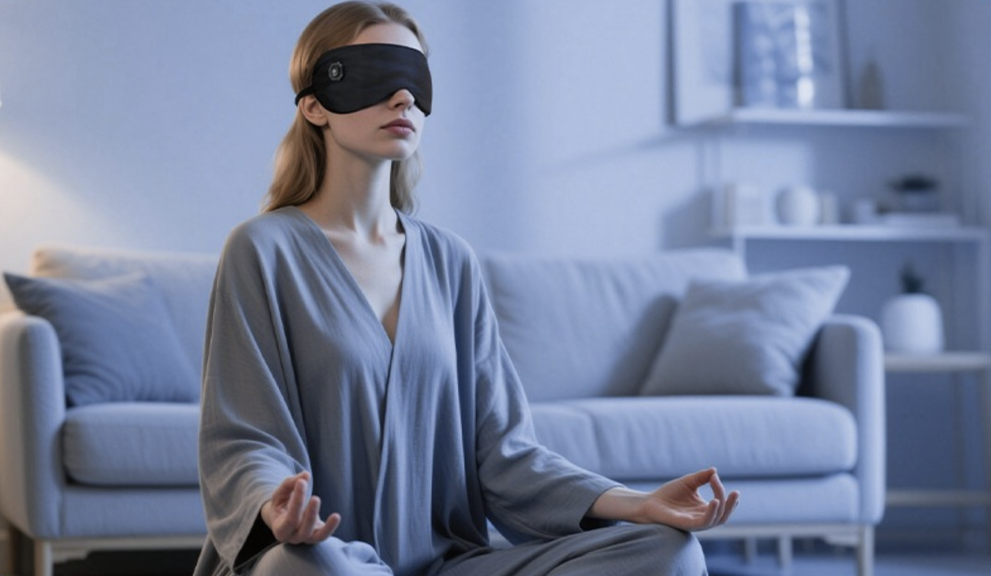 Using the heated eye mask at the desk